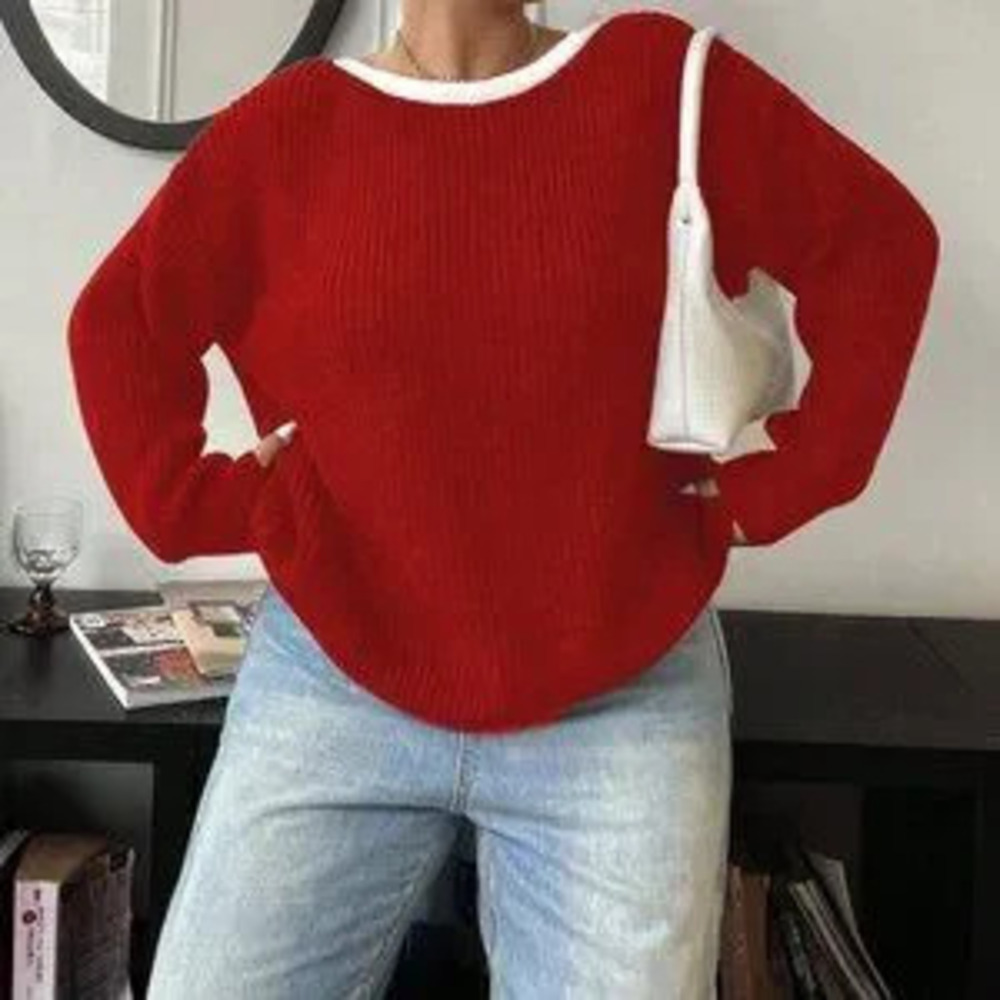ZARA Red Casual Women's Plus Size Bowknot Crew Neck Long Sleeve Sweater